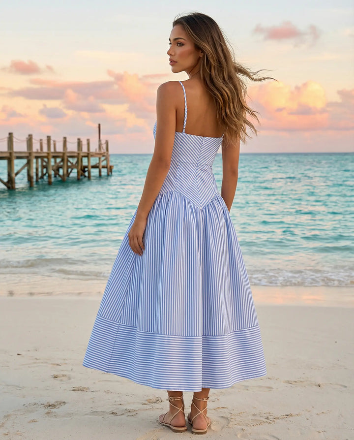SOLACE  Blue Beach Stripe Slim Fit Midi Dress 