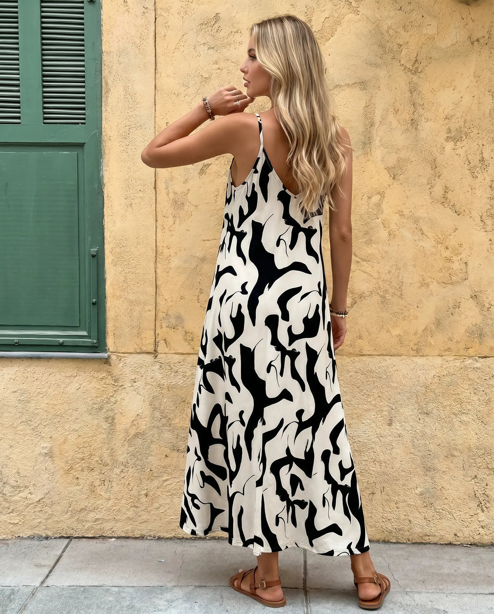 SOLACE  White Abstract Print V-Neck Spaghetti Strap Maxi Dress 