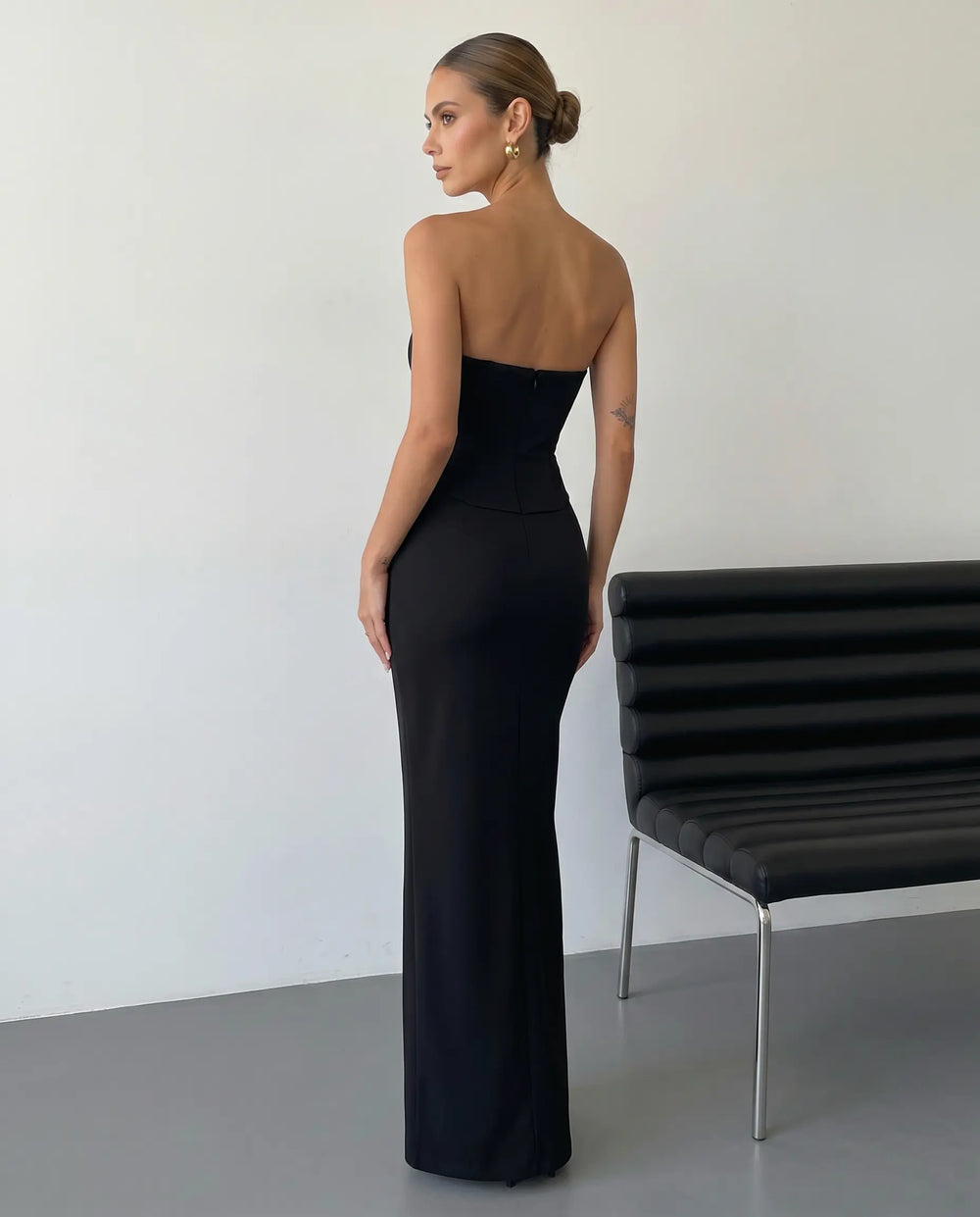 SOLACE  Black Strapless Corset with High Slit Slim Fit Maxi Dress 
