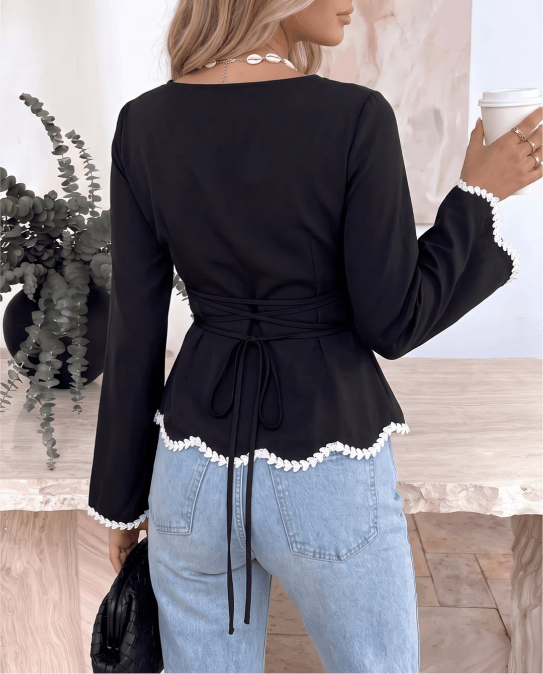 Lace Trim Back Tie Waist Long Sleeve Peplum Shirts