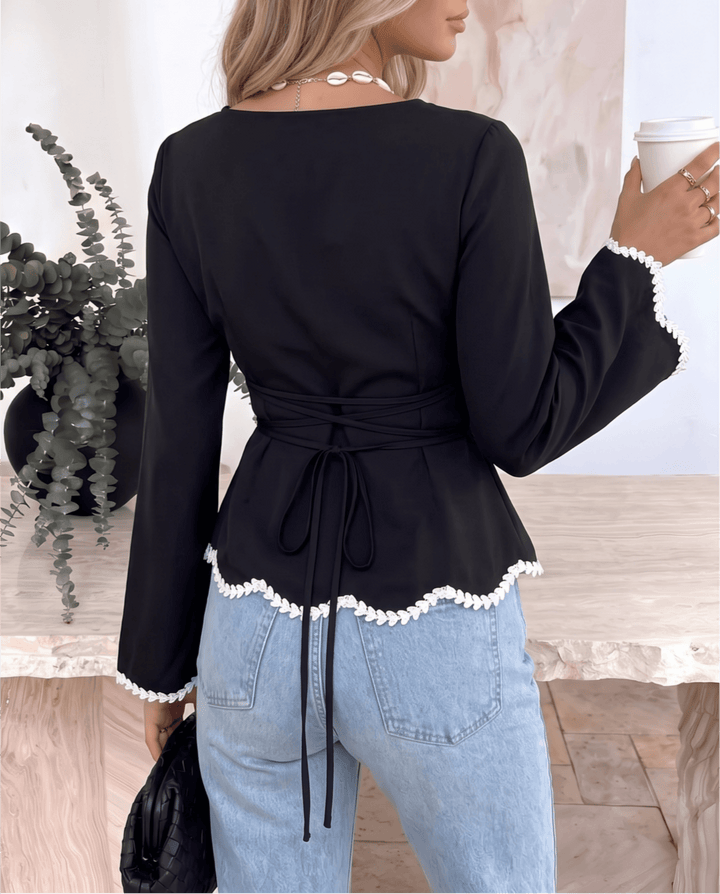 Lace Trim Back Tie Waist Long Sleeve Peplum Shirts
