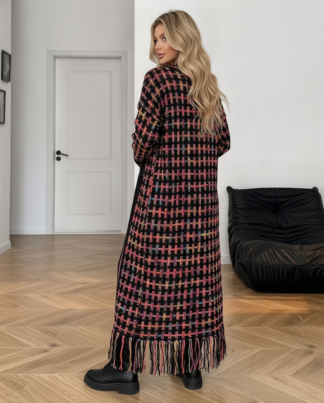 Oversized Checkered Tassel Hem Maxi Knit Cardigan