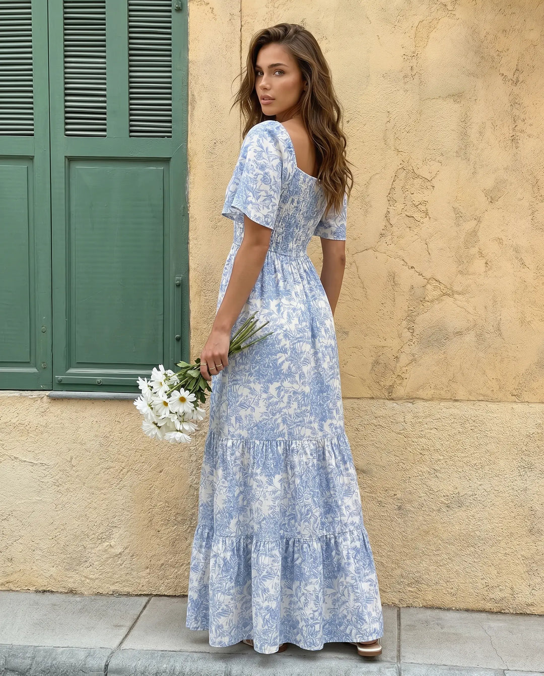 SOLACE  Blue Toile De Jouy Print Puff Sleeve Tiered Maxi Dress 