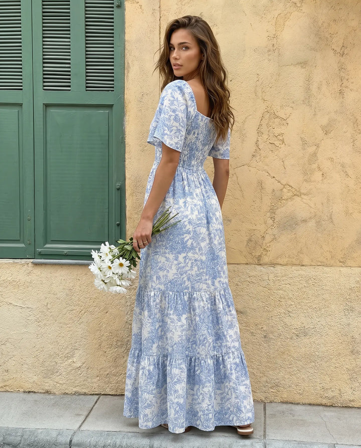 SOLACE  Blue Toile De Jouy Print Puff Sleeve Tiered Maxi Dress 