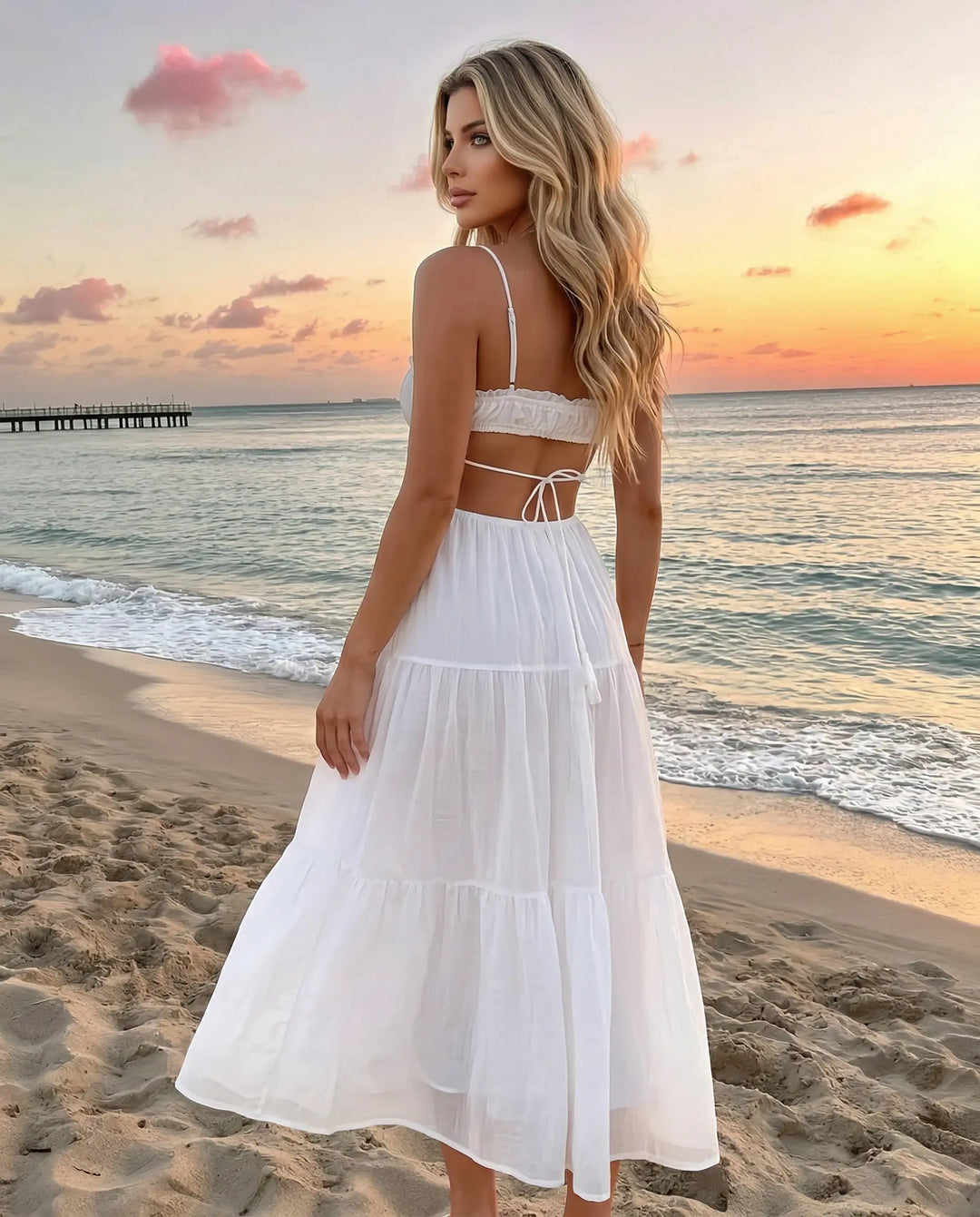 SOLACE  White Swiss Dot Cutout Waist Tiered Maxi Dress 