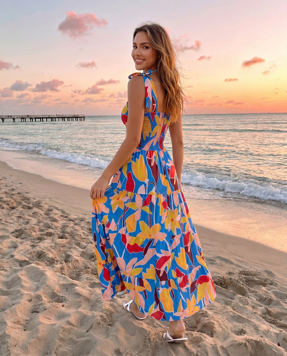 SOLACE  Blue Abstract Floral Print Tiered Midi Dress 