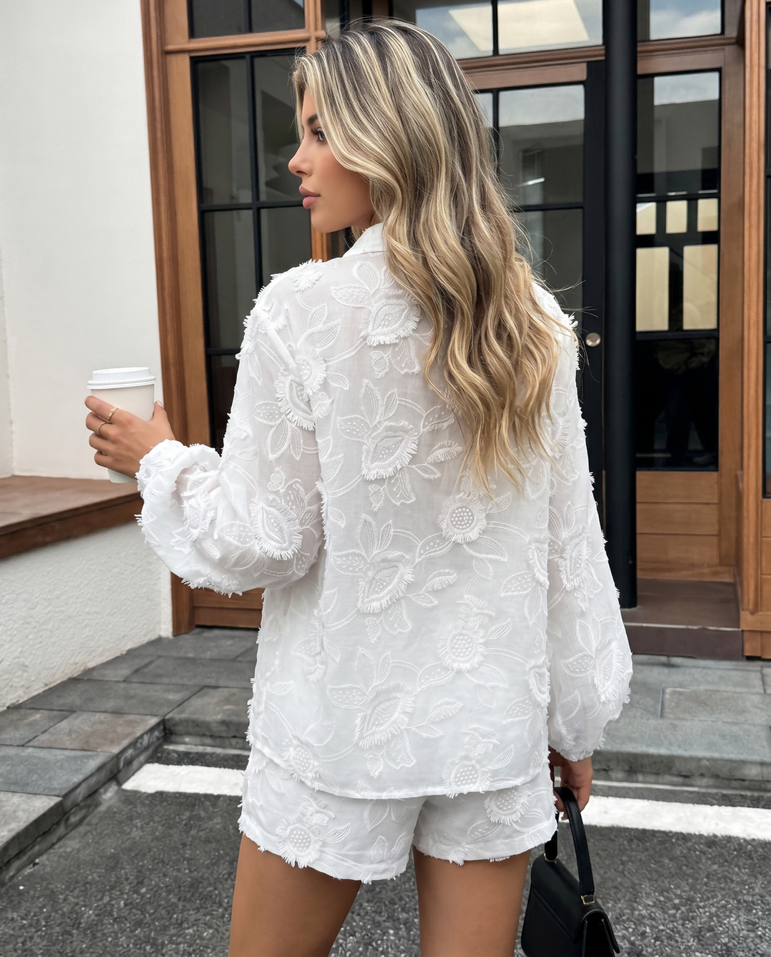 Floral Jacquard Long Sleeve Shirt Shorts Two‑Piece Set