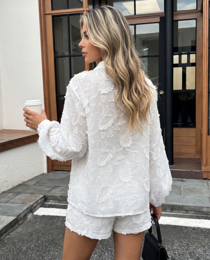 Floral Jacquard Long Sleeve Shirt Shorts Two‑Piece Set