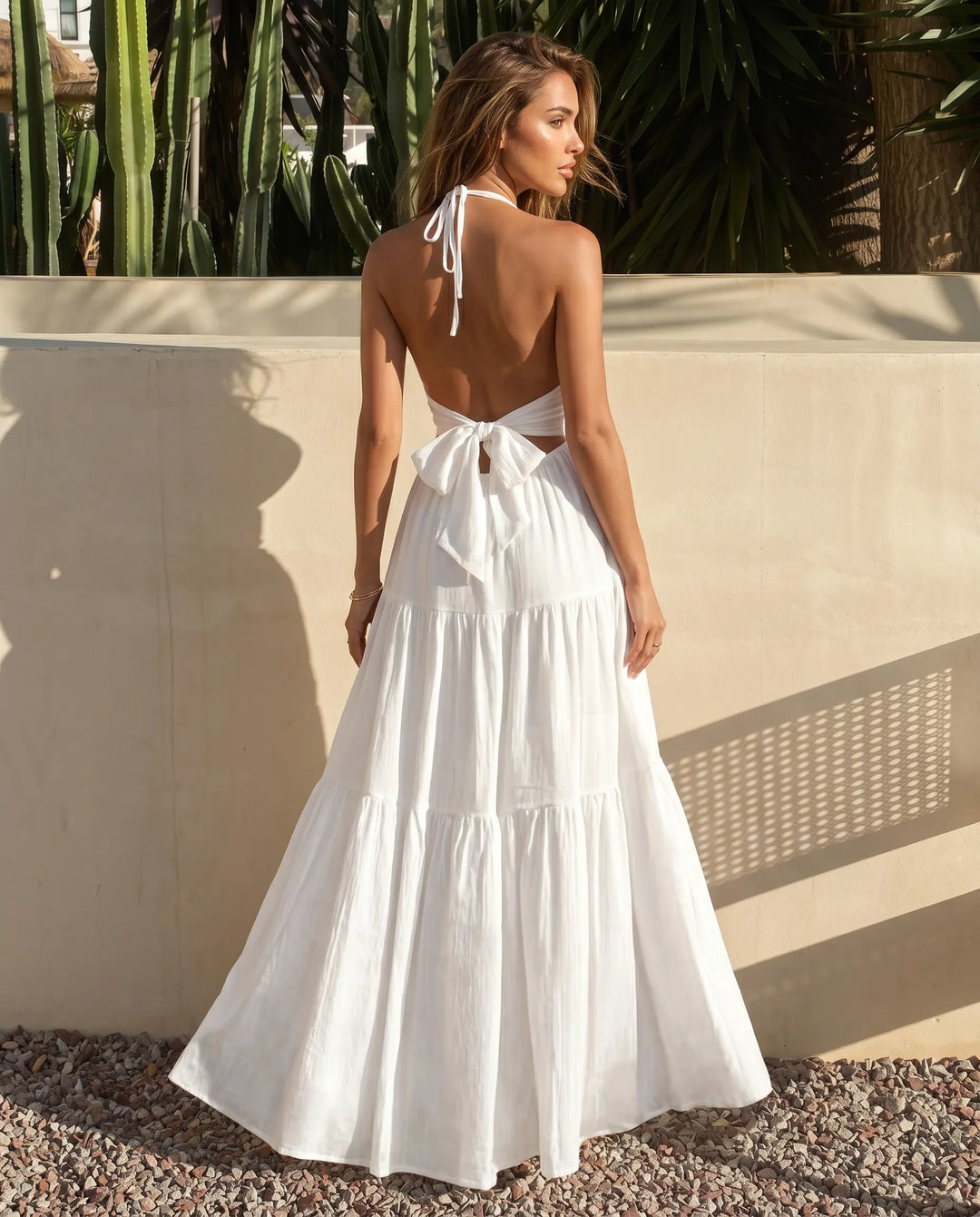 SOLACE  White Halter Neck Tiered Backless Maxi Dress 