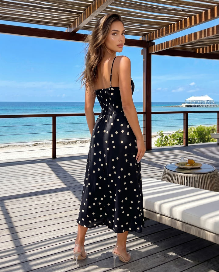 Black White Polka Dot Print Spaghetti Strap Drawstring Bust High Slit Midi Dress