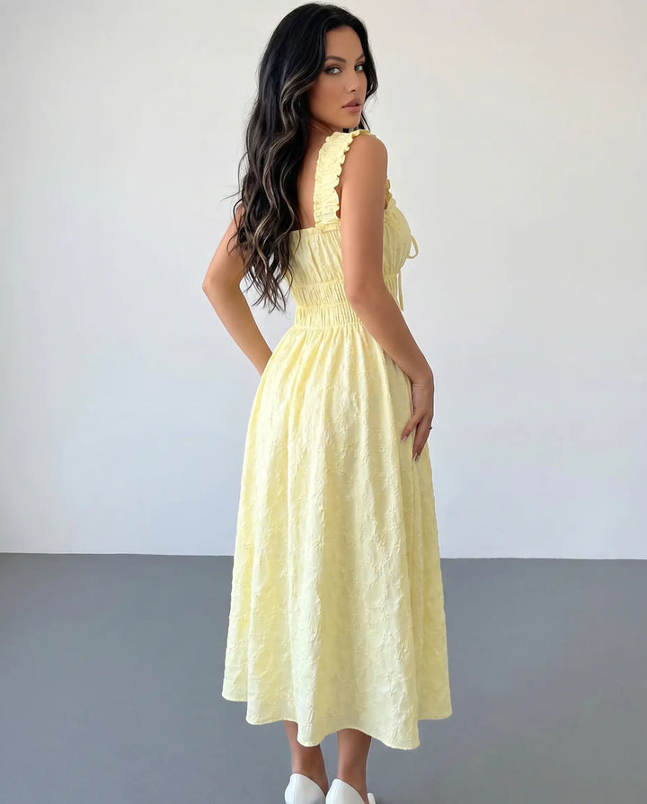 SOLACE  Yellow Textured Ruffle Strap Maxi Dress 
