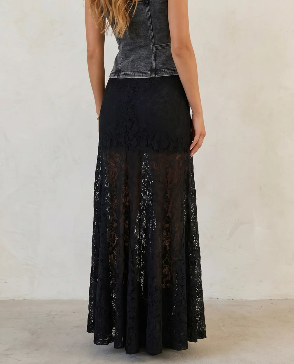 SOLACE  Black Lace High Waist Flared Maxi Skirt 
