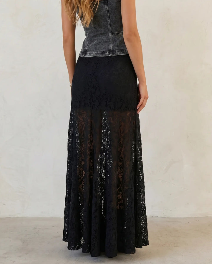 SOLACE  Black Lace High Waist Flared Maxi Skirt 