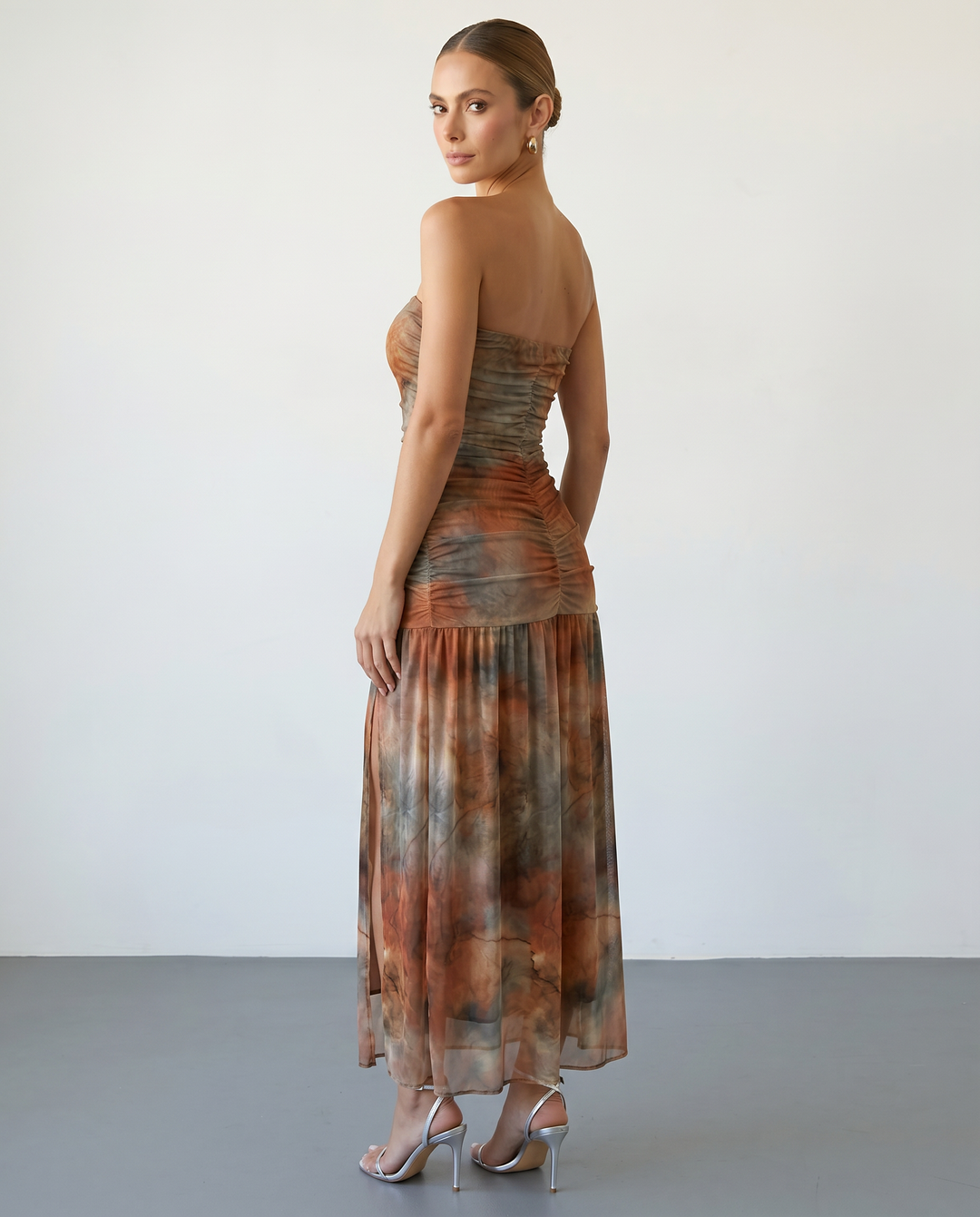 SOLACE  Earth Tone Print Ruched Sheer Mesh Slim Fit Midi Dress 
