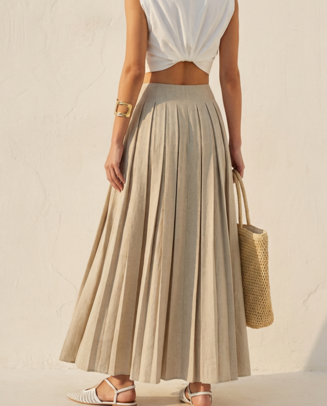 SOLACE  Beige Minimalist Linen Blend Pleated High Waist Maxi Skirt 
