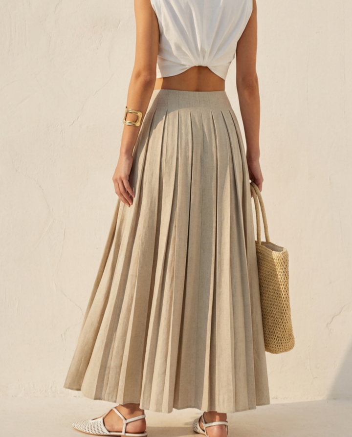 SOLACE  Beige Minimalist Linen Blend Pleated High Waist Maxi Skirt 