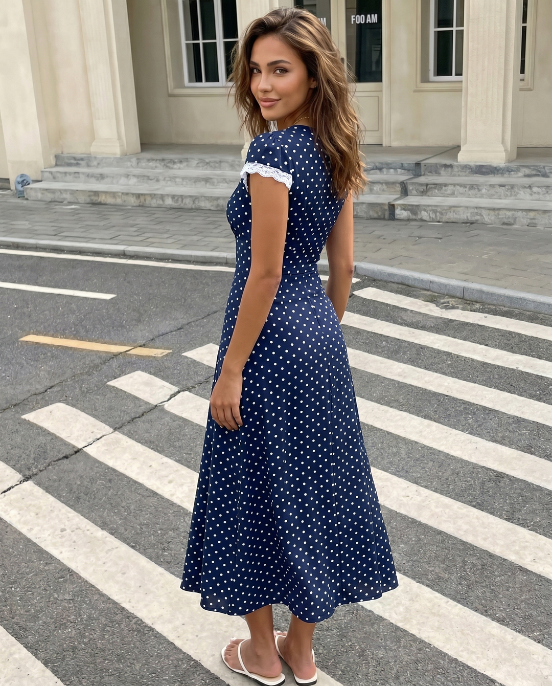 SOLACE  White Polka Dot Lace Trim Midi Dress 