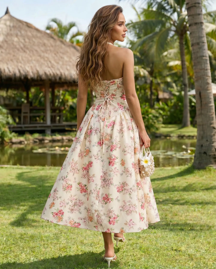 SOLACE  Cream Floral Halter Neck Lace Trim Midi Dress 