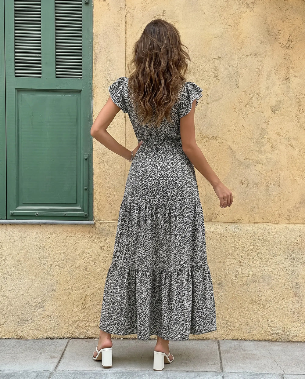 SOLACE  Black Floral Print V-Neck Ruffle Sleeve Tiered Maxi Dress 