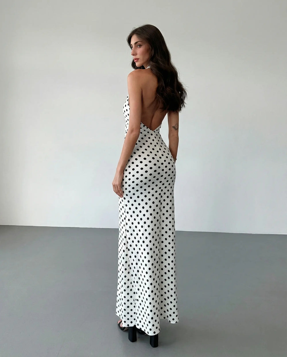 SOLACE  White Polka Dot Halter Neck High Slit Maxi Dress 