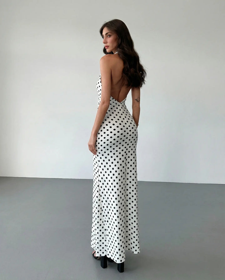SOLACE  White Polka Dot Halter Neck High Slit Maxi Dress 