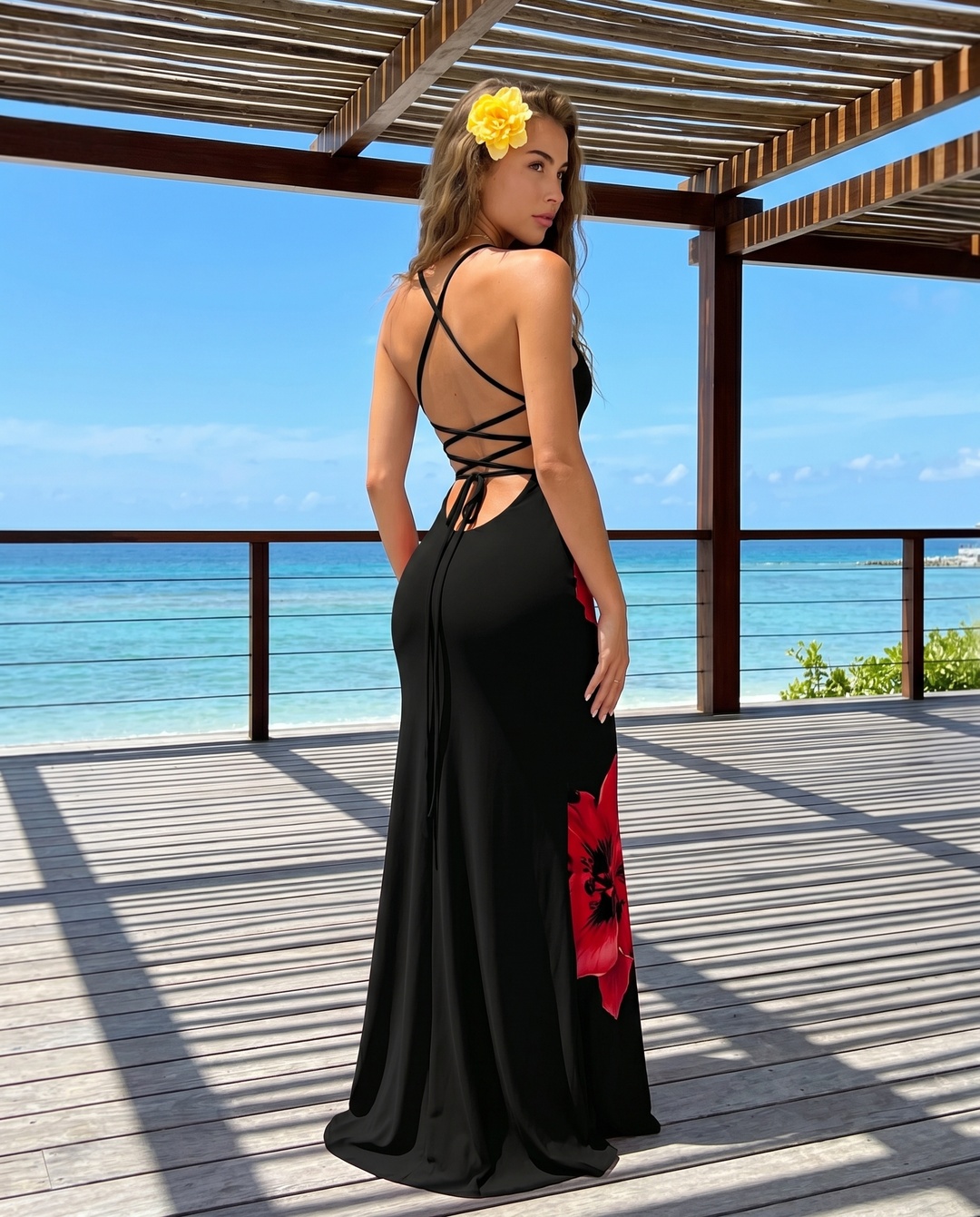 Black Red Floral Print Spaghetti Strap Maxi Dress