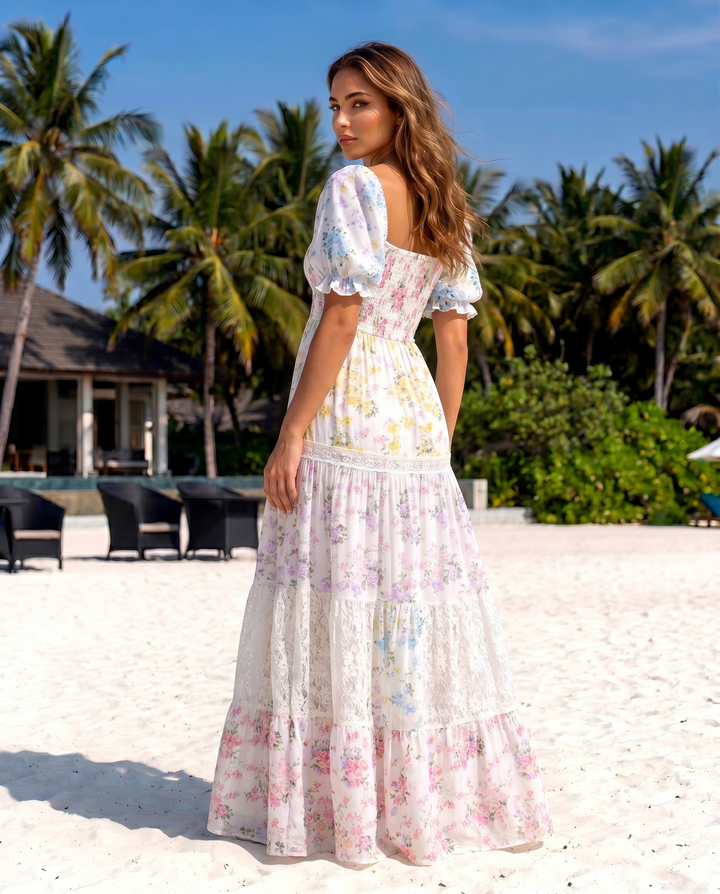 SOLACE  Pastel Floral Print Puff Sleeve Tiered Maxi Dress 