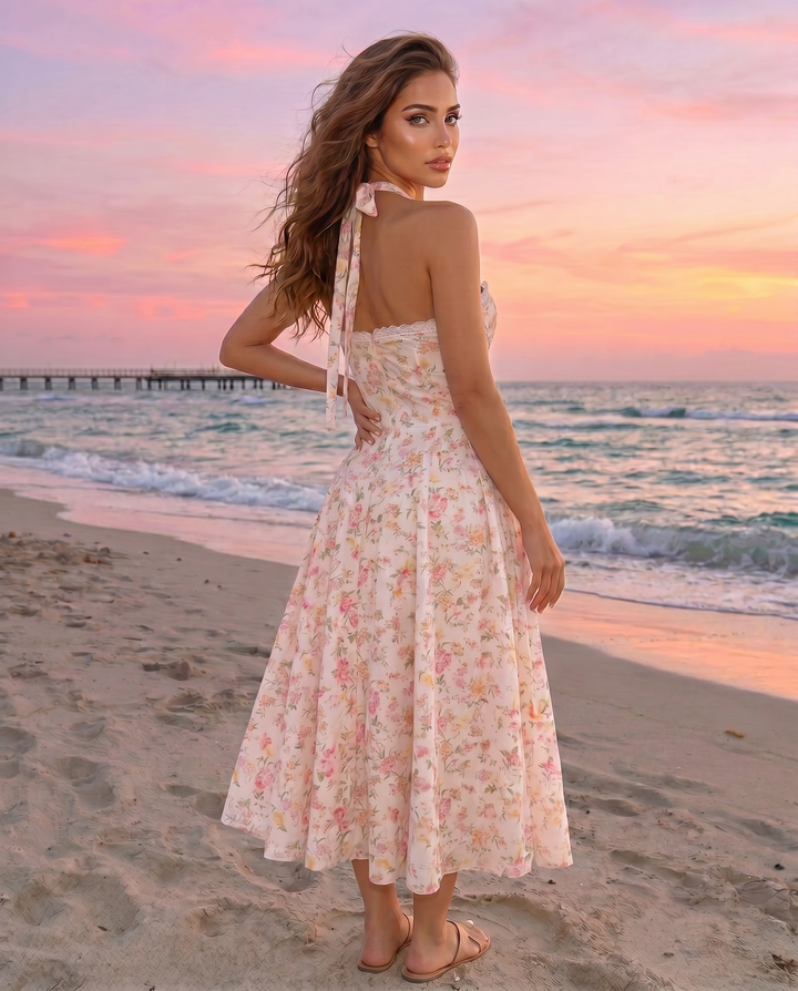 SOLACE  Pink Floral Print Halter Neck Corset Midi Dress 
