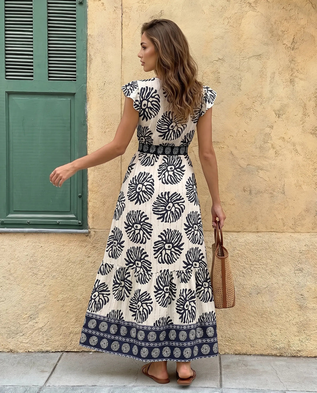SOLACE  Blue Floral Print V-Neck Ruffle Sleeve Tiered Maxi Dress 