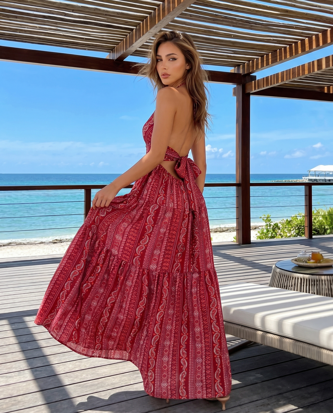 Red Paisley Striped Halter V Metal Ring Maxi Dress