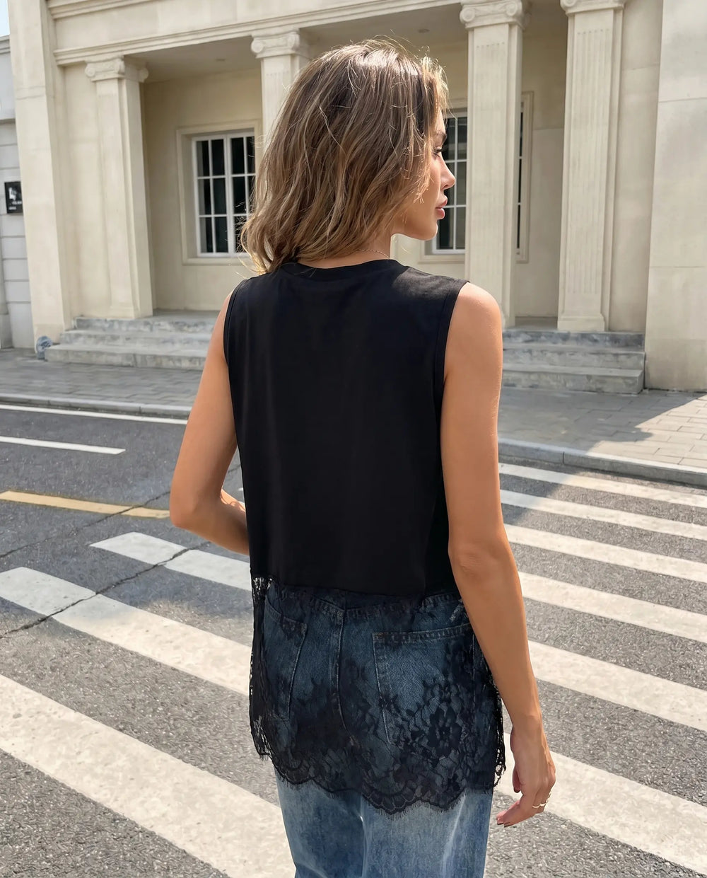 SOLACE  Black Lace Hem Sleeveless Cotton Blend Mid Length Blouse 