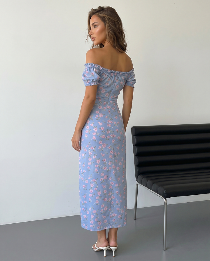 SOLACE  White Pink Floral Print Off-Shoulder Puff Sleeve High Slit Maxi Dress 