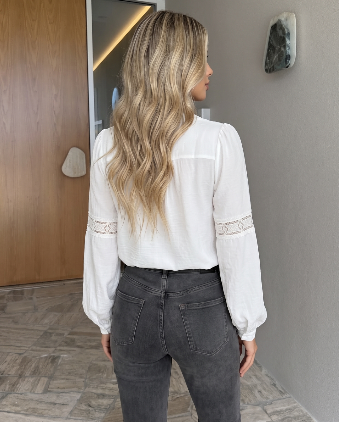 Ruffled Collar Lace Panel Puff Long Sleeve Blouse