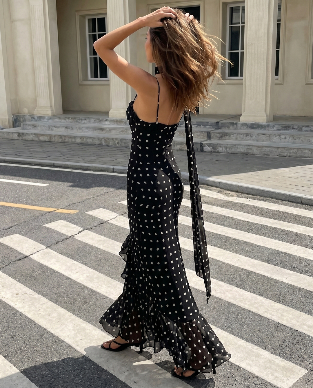 SOLACE  Black Polka Dot Ruffled Mermaid Maxi Dress 