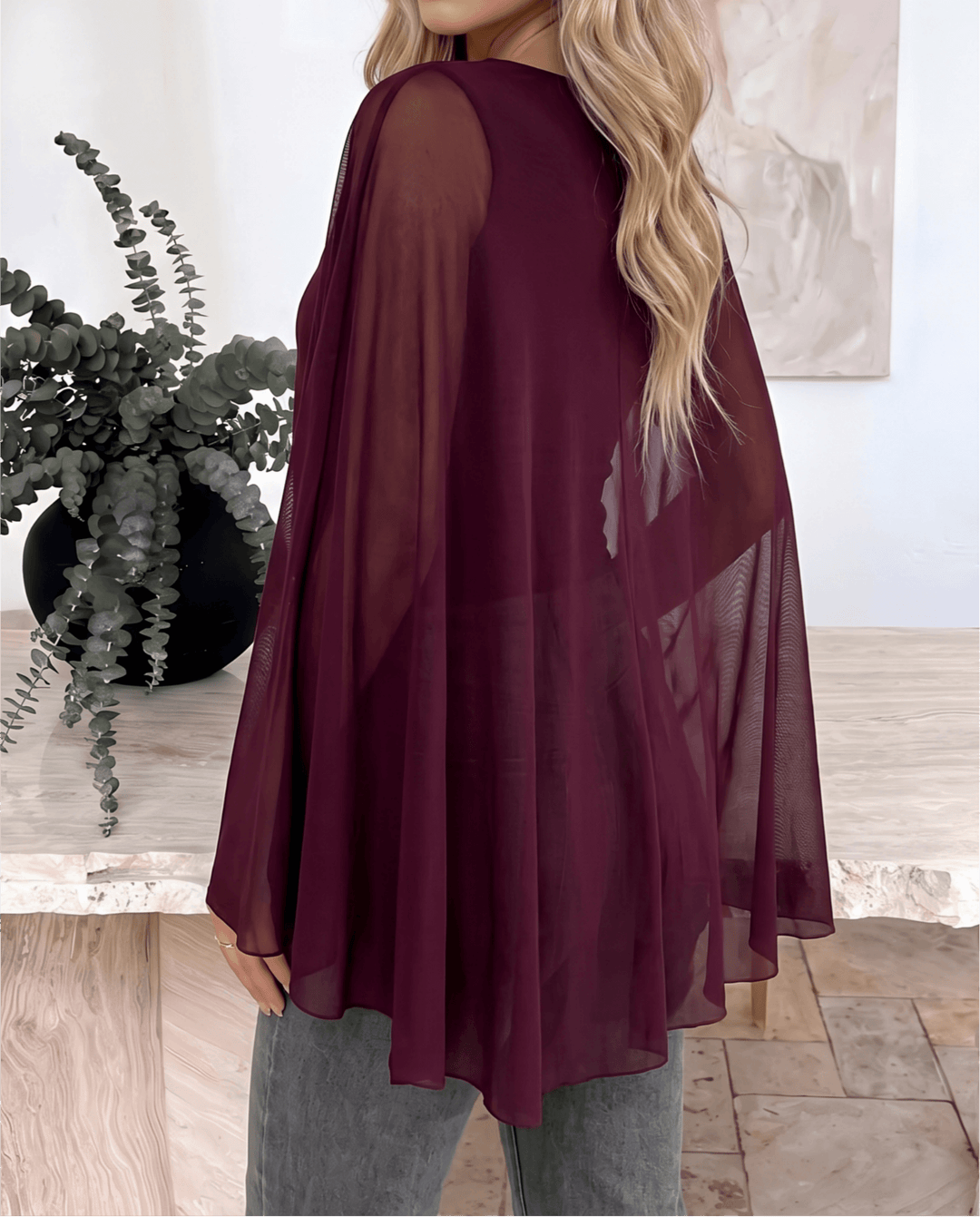 Mesh Batwing Sleeve Burgundy Draped Blouse