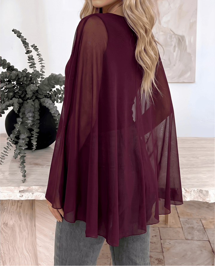Mesh Batwing Sleeve Burgundy Draped Blouse