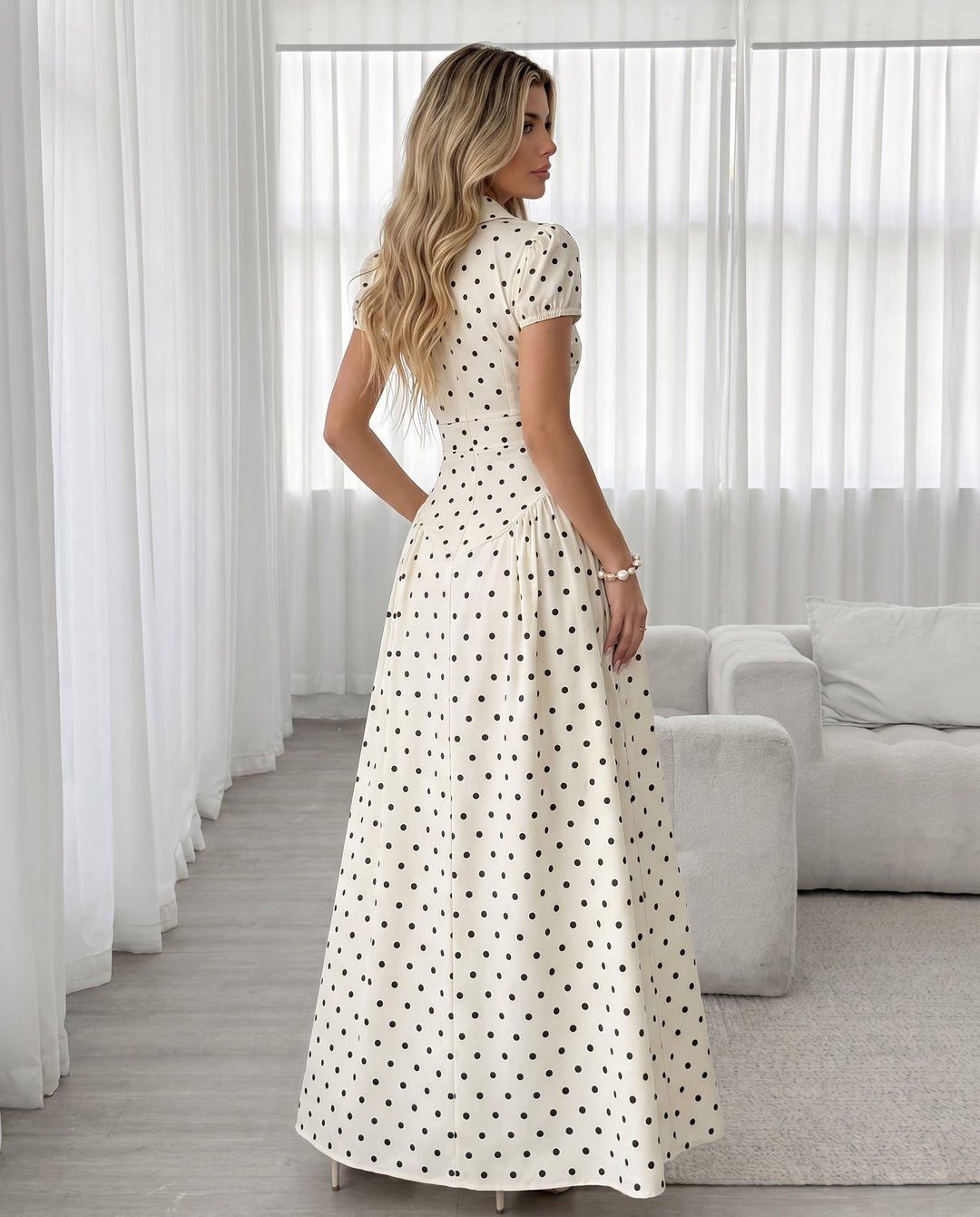 SOLACE  White Polka Dot Puff Short Sleeve Shirt Maxi Dress 