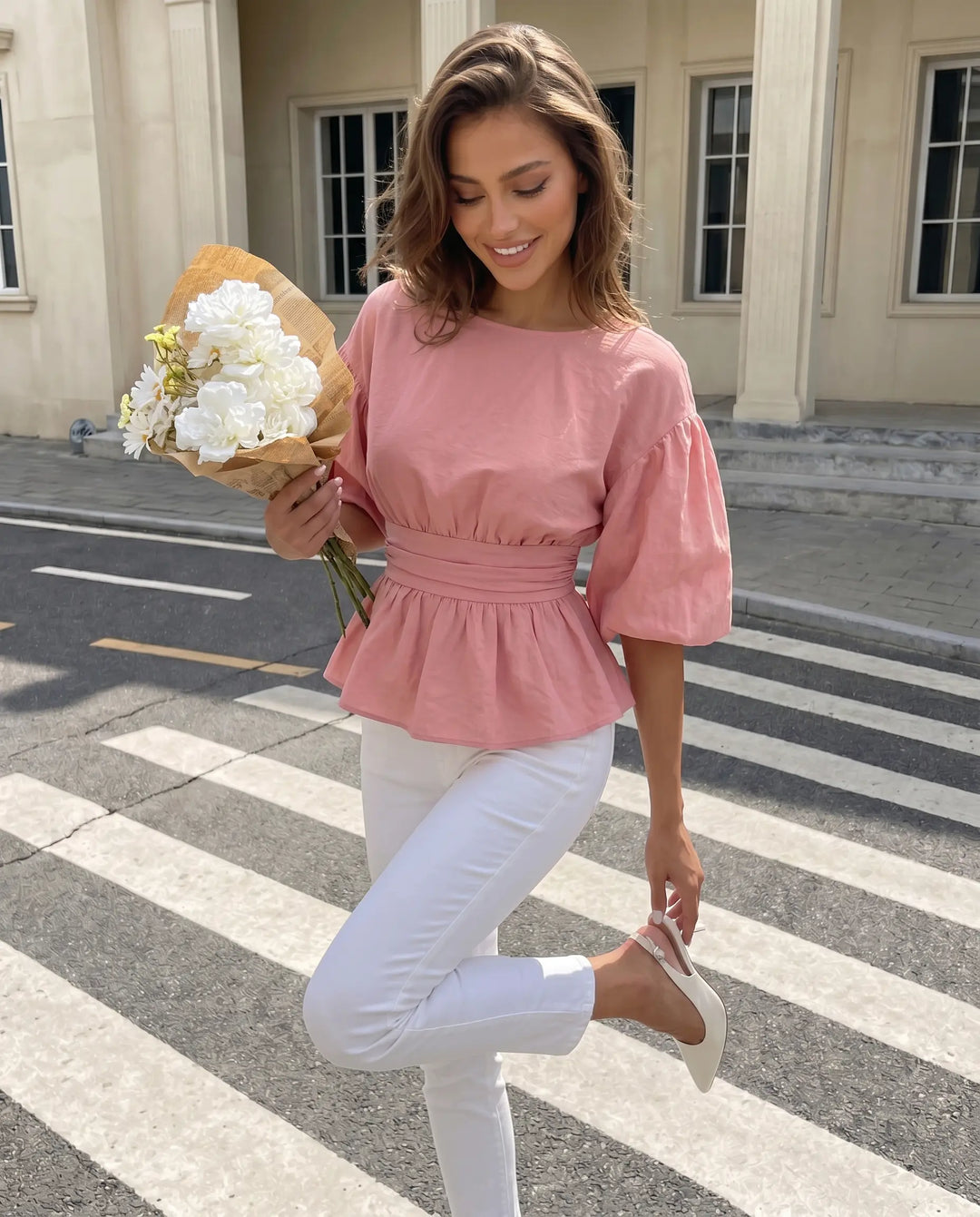 SOLACE  Pink Puff Sleeve Bow Back Peplum Blouse 