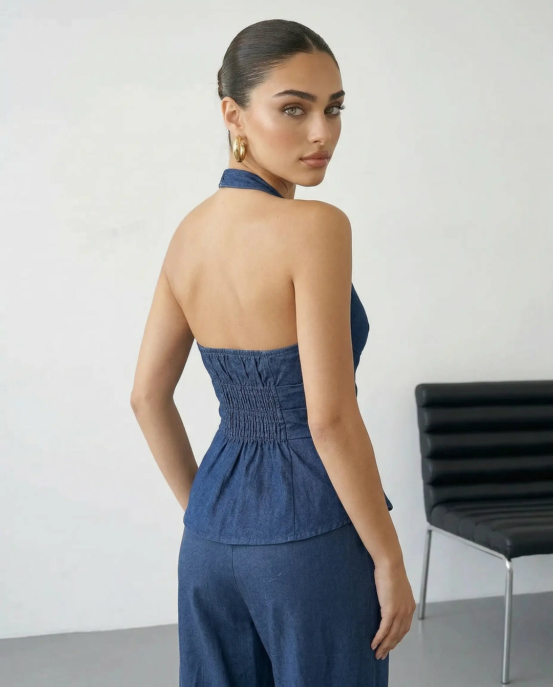 SOLACE  Dark Denim Halter Neck Peplum Blouse 
