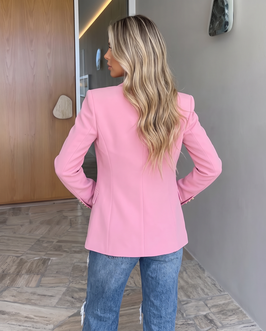 Double Breasted Notched Lapel Long Sleeve Pink Blazer