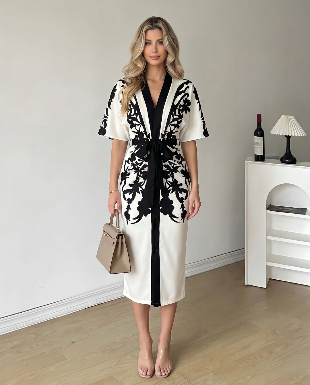 SOLACE  White Black Silhouette Floral Wrap Belted Midi Dress 