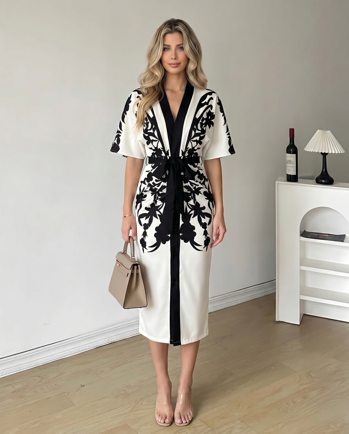 SOLACE  White Black Silhouette Floral Wrap Belted Midi Dress 