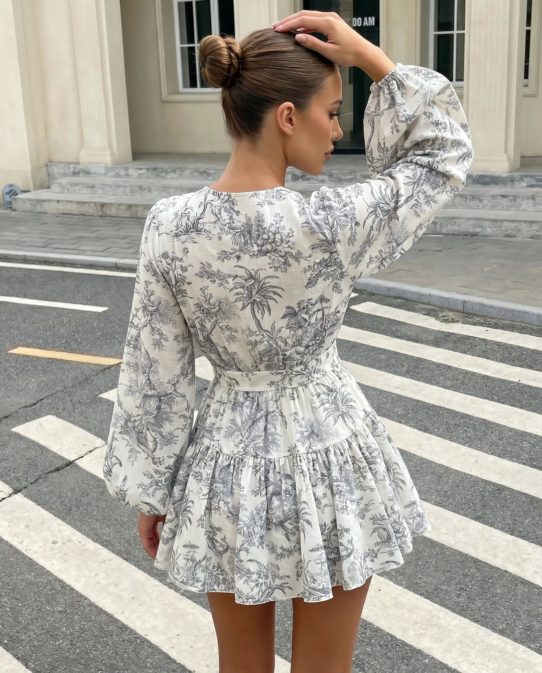 SOLACE  Gray Landscape Print High Neck Belted Long Sleeve Mini Dress 