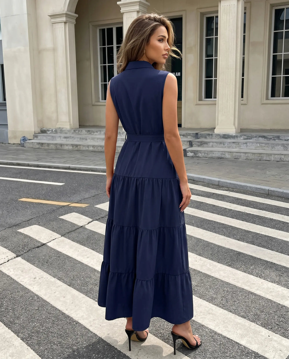 SOLACE  Navy Blue Belted Button Front Regular Fit Midi Shirt Dress 