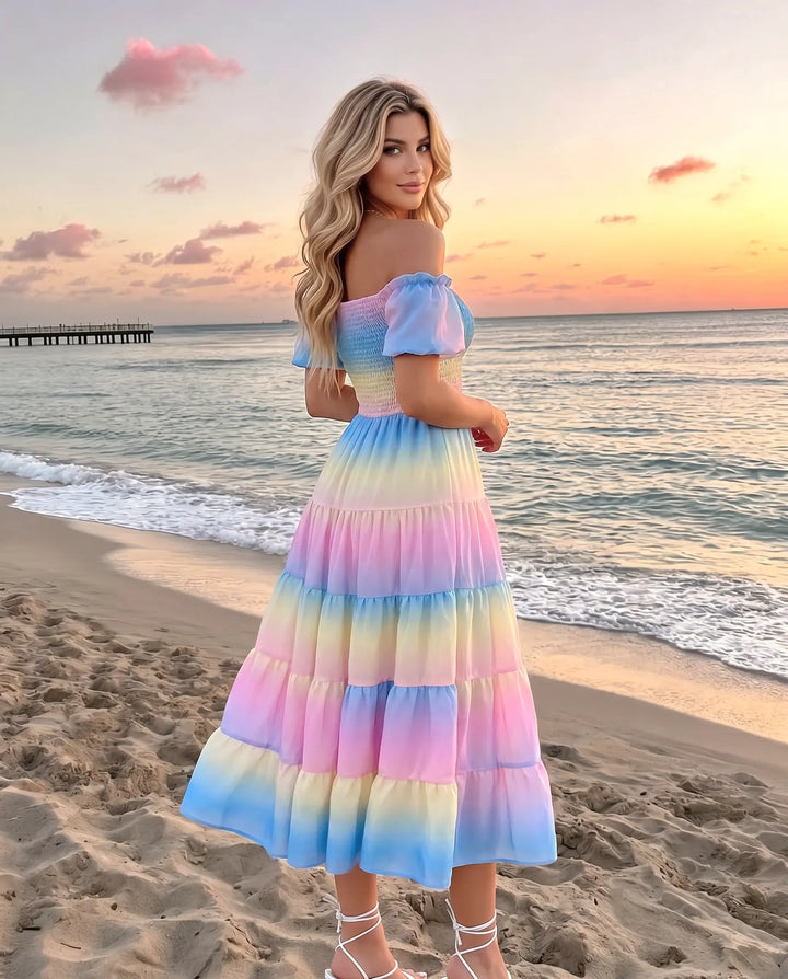 SOLACE  Rainbow Gradient Off-Shoulder Tiered Midi Dress 