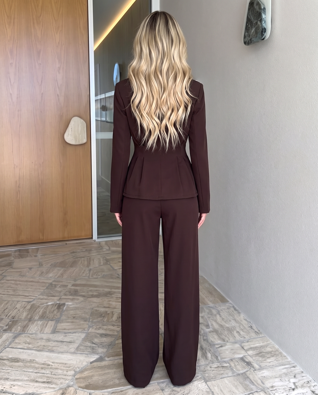 Deep Brown Pleated Peplum Waist Blazer Wide Leg Pants Office Suit