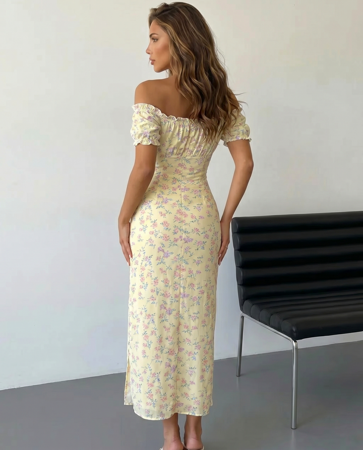 SOLACE  White Pink Floral Print Off-Shoulder Puff Sleeve High Slit Maxi Dress 