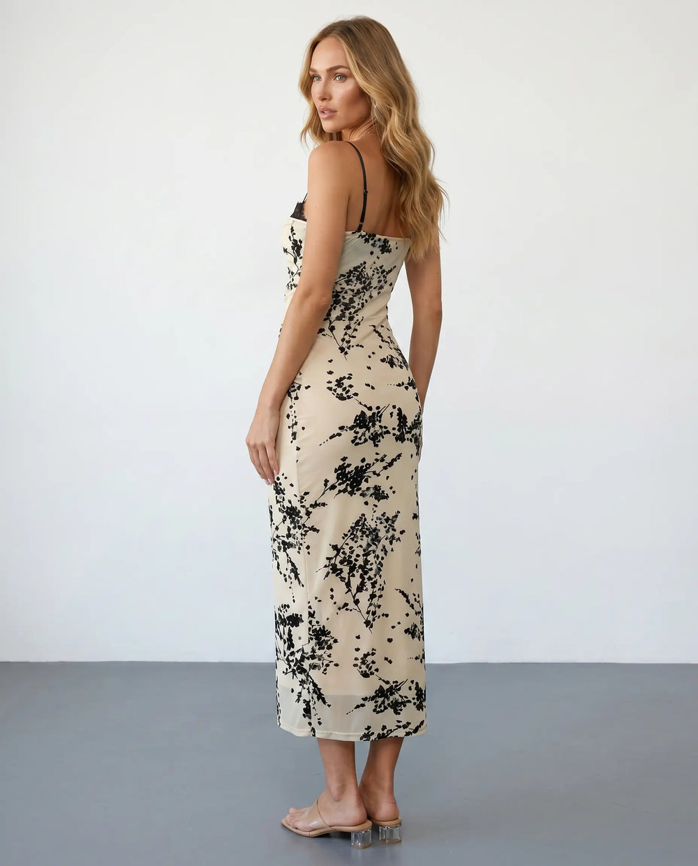 SOLACE  Beige Floral Print Lace Trim Mesh Midi Dress 