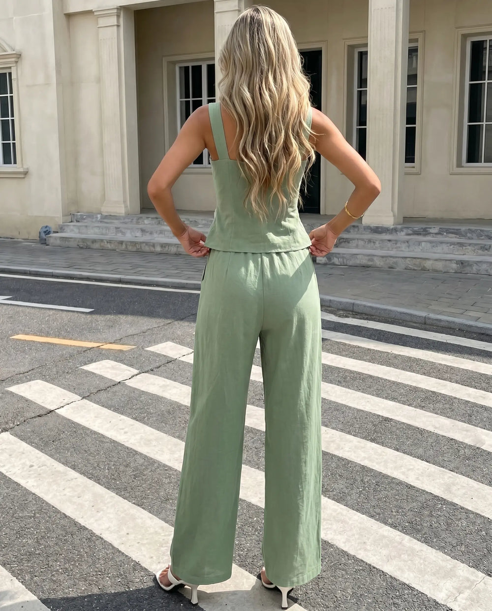 SOLACE  Sage Green Linen Blend Slim Fit Crop Top Wide Leg Pants Set 