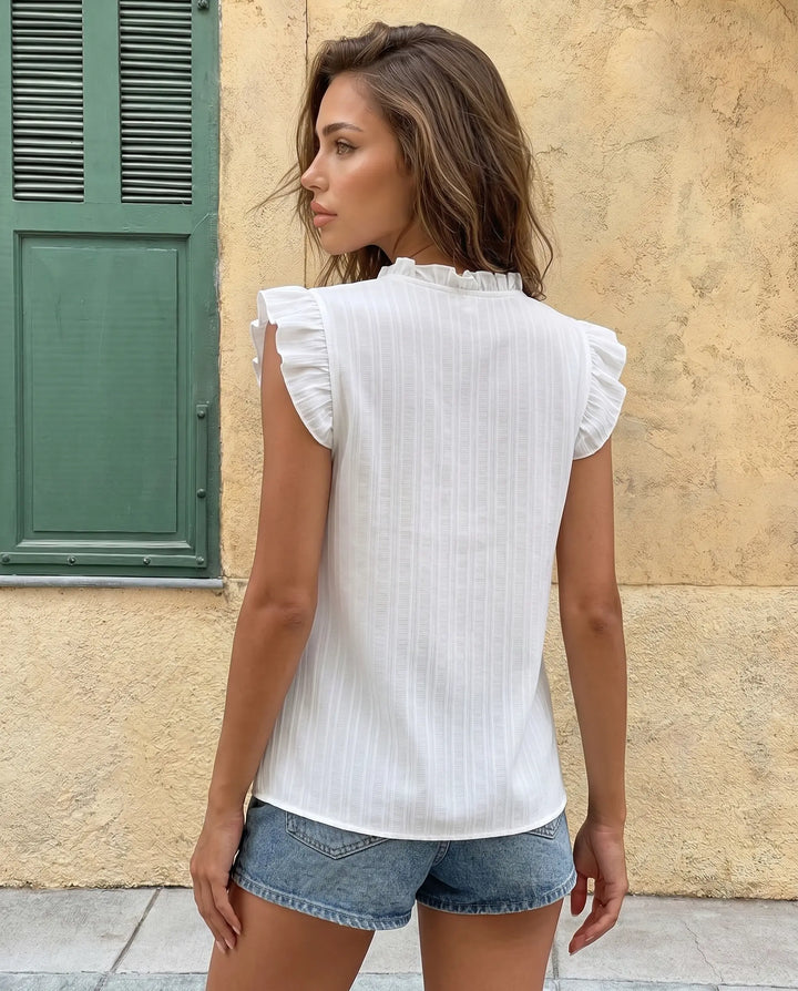 SOLACE  White Floral Embroidered Ruffle Cap Sleeve Tie Neck Blouse 